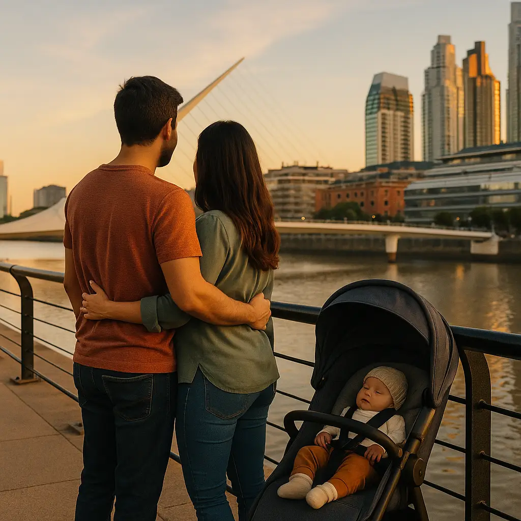 Pareja feliz con bebe mirando puente de la mujer Pareja feliz con bebe mirando puente de la mujer